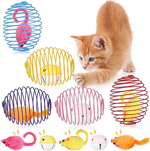 Miniatura 8 de Jecery 5 bolas de resorte para gatos, bolas elásticas para gatos, bobinas coloridas y juguetonas, juguete de acción interactiva, ratas enjauladas