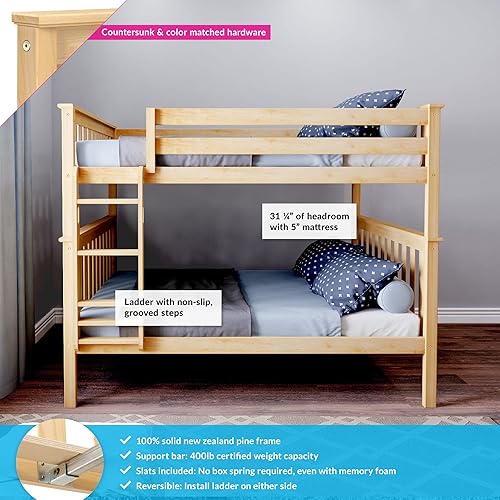 Miniatura 11 de Max & Lily - Litera de tamaño individual sobre matrimonial con escalera, base de cama de madera maciza para niños, barandillas de seguridad de 14