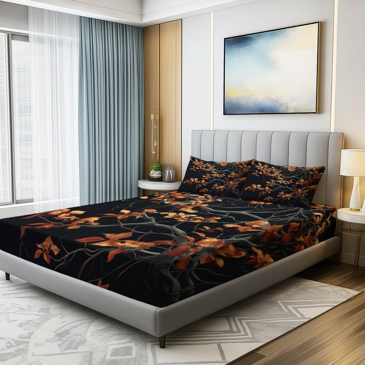 Drap Housse Set 140 x 190 cm, Respirant Résistant Drap-Housse Nature Branches Cinématographie Thème - Noir Drap de Lit Convient aux Matelas Jusqu'à 30 cm D'épaisseur