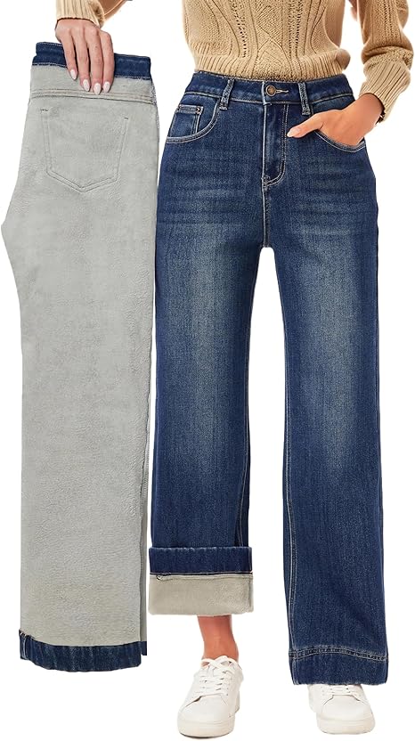 Fakanhui Dames wijde pijpen fleece gevoerde jeans winter thermische flanel gevoerde jeans losse pull-on jeans, Blauw Donker, L Fakanhui Dames wijde pijpen fleece gevoerde jeans winter thermische flanel gevoerde jeans losse pull-on jeans, Blauw Donker, L
