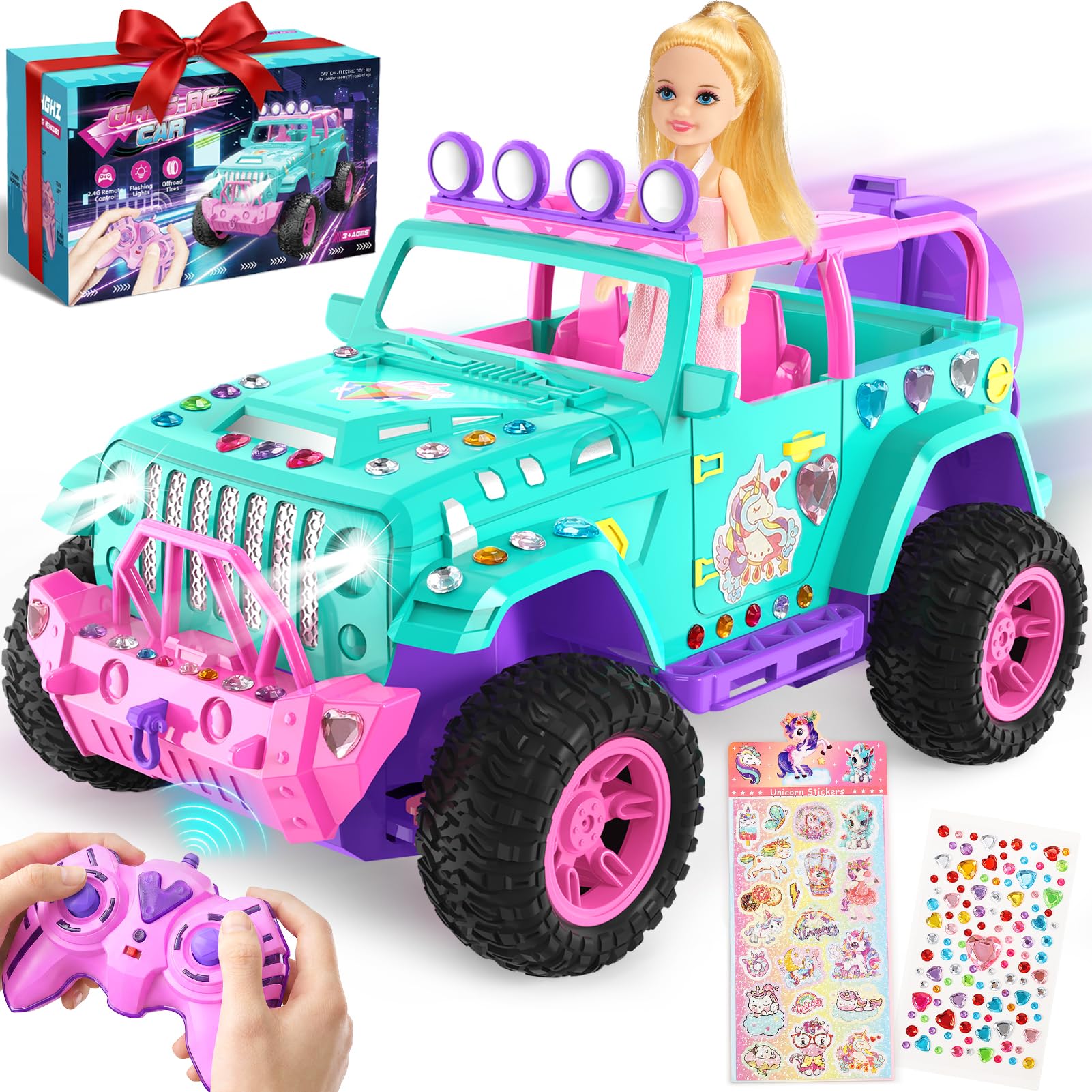 HappyGoLucky Remote Control Car for Girls, Pink RC Car with Doll, Toys for 3 4 5 6 7 8 9 10 Year Old Girls Gifts RC Jeep SUV Gifts Presents (Teal)