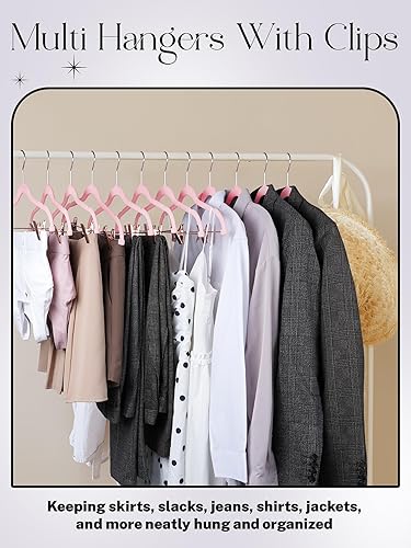 Miniatura 2 de HOUSE DAY Paquete de 24 perchas de terciopelo antideslizantes para pantalones con clips de oro rosa, perchas de terciopelo ultra finas que ahorran