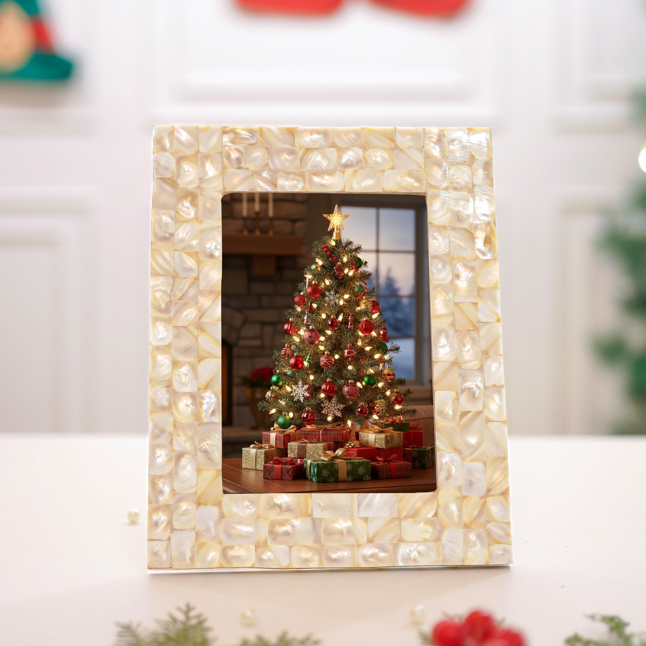 BEHOMA Wood, Acrylic Elegant Mother Of Pearl Handcrafted Picture Rectangular Photo Frame Tabletop| Best Gift For Home Decor, Birthday, Anniversary, Valentine'S Day (Off White, 5X7 Inches)