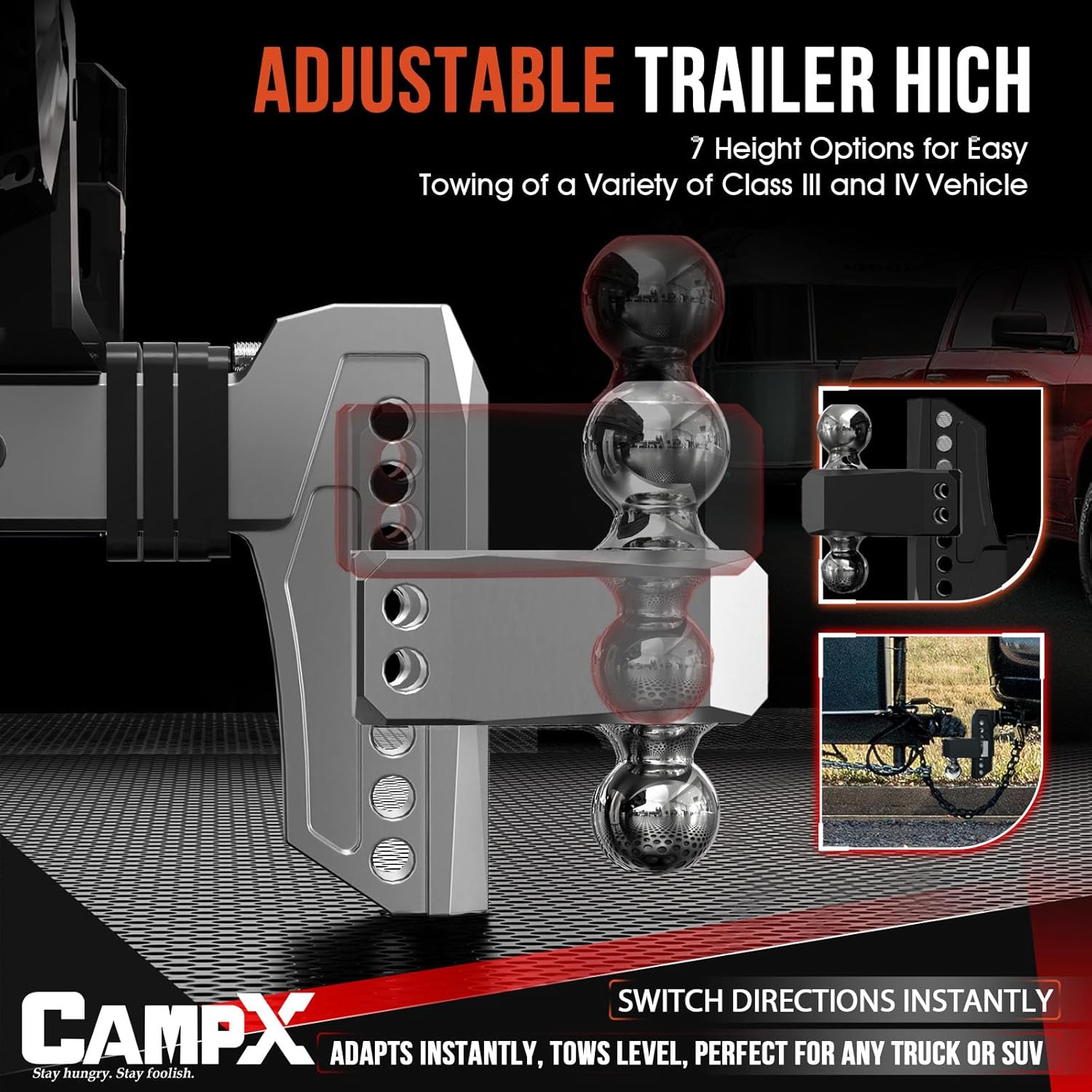 Adjustable Trailer Hitch Fits 2" Receiver, 6" Drop & Rise, Dual Solid Ball 2" and 2-5/16"(18,500 LBS GTW), Heavy Duty Aluminum Tow Hitch