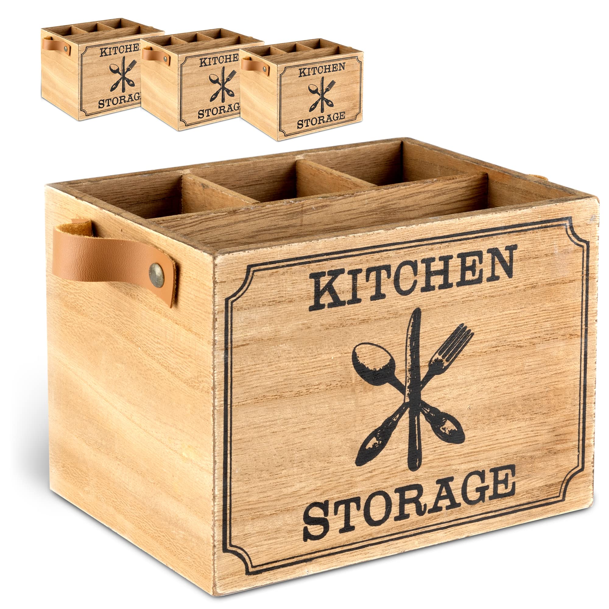 Novaliv 4 soportes para utensilios de cocina con 4 compartimentos y asas de cuero, cesta para cubiertos de madera de alta calidad, 17 x 12,5 x 12,5 cm, bandeja para cubiertos para utensilios de