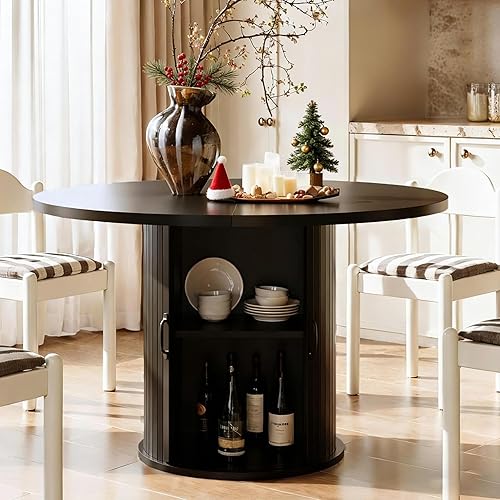 Vista 10 de Mesa de comedor redonda de 47 pulgadas para 4, moderna mesa circular acanalada con almacenamiento de 2 capas y puerta corrediza, mesas de comedor