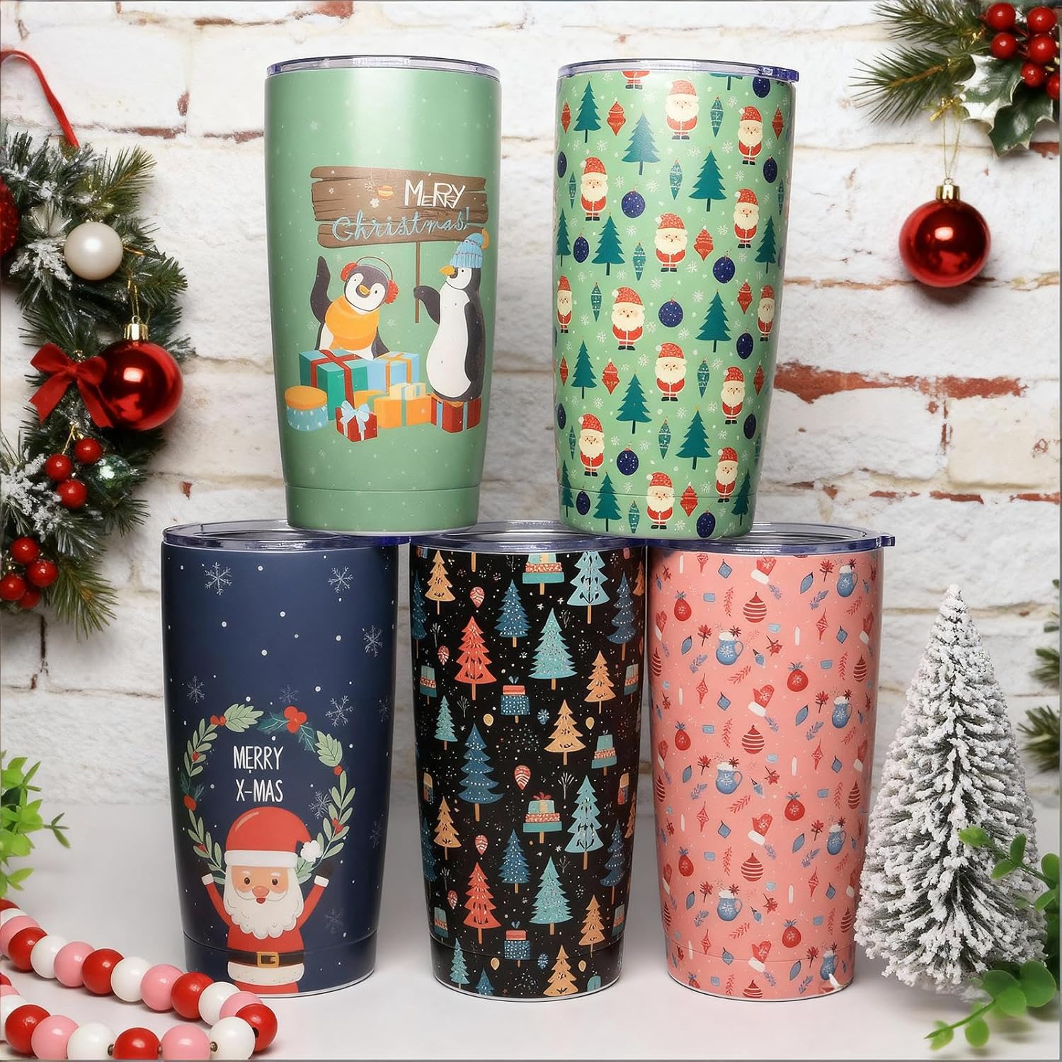 12 Set 20oz Christmas Tumblers Bulk with Lids Straws, Stainless Steel Insulated Coffee Travel Mug Cups, Holiday Tumbler Set for Hot,Cold Drinks, Xmas Party Favors, Birthday Holiday Gift(Chic) - Image 5