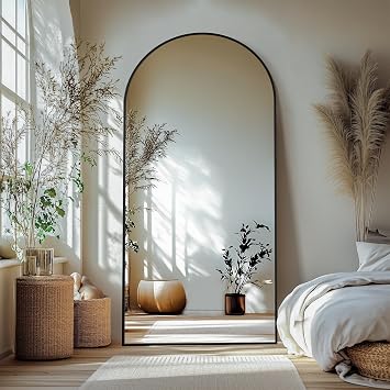Delma Full Length Mirror, Large Floor Mirror for Wall, Bedroom, Bathroom, Living Room with Aluminium Frame Stand, Arch 75x35-Black