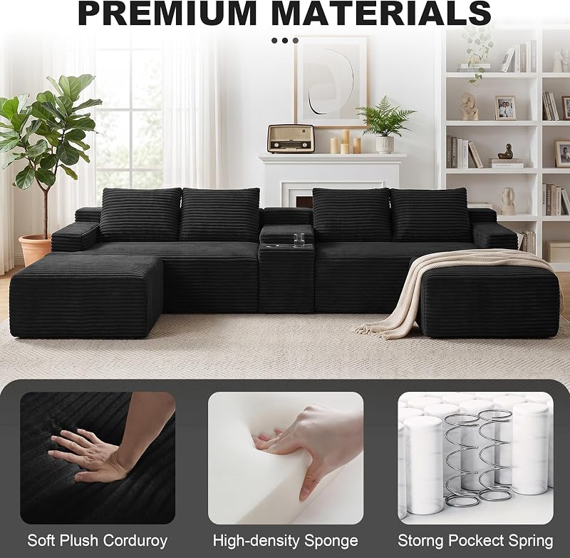 Tmsan 140.6" Black Boneless Cloud Sectional Sofa U Couch for Living Room image 5
