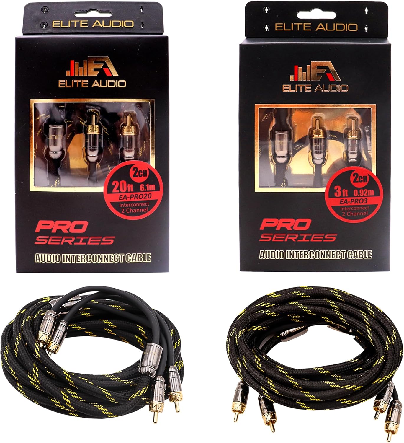Elite Audio Pro Series RCA Cable Bundle for Equalizer or Processor Install: 1x 2-Channel 20 ft & 1x 2-Channel 3 ft RCA Cable for Car Audio Installation