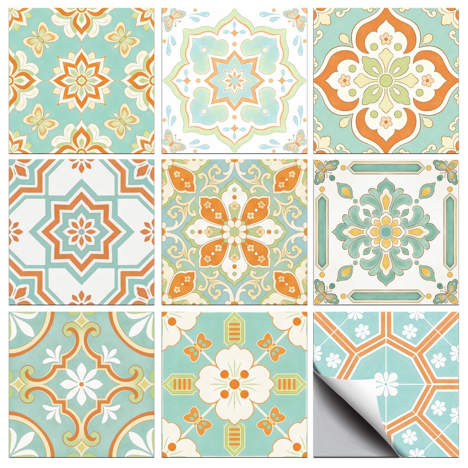 CONCHLERY 36 Pcs 9 Styles Light Blue Cyan Vintage Yellow Pattern Peel and Stick Tile Stickers Waterproof Self Adhesive Decals, for Kitchen Bathroom Home Wall Art Decor 4x4 Inch