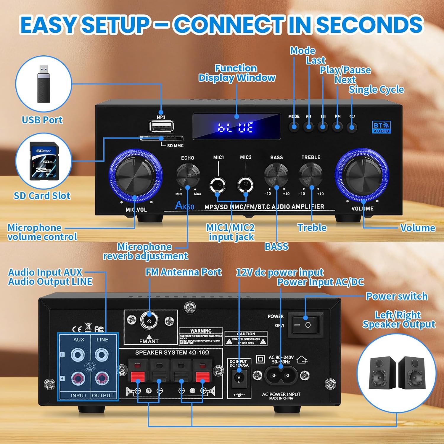 AK50 Amplifier Home Audio, 400W Home 2 Channel Bluetooth 5.0 Power Receivers Amp Subwoofer Output,Mini Speaker FM Radio,USB/SD Card/Aux/Mic in with Echo,Remote Control for Home Theater Stereo System - Image 3
