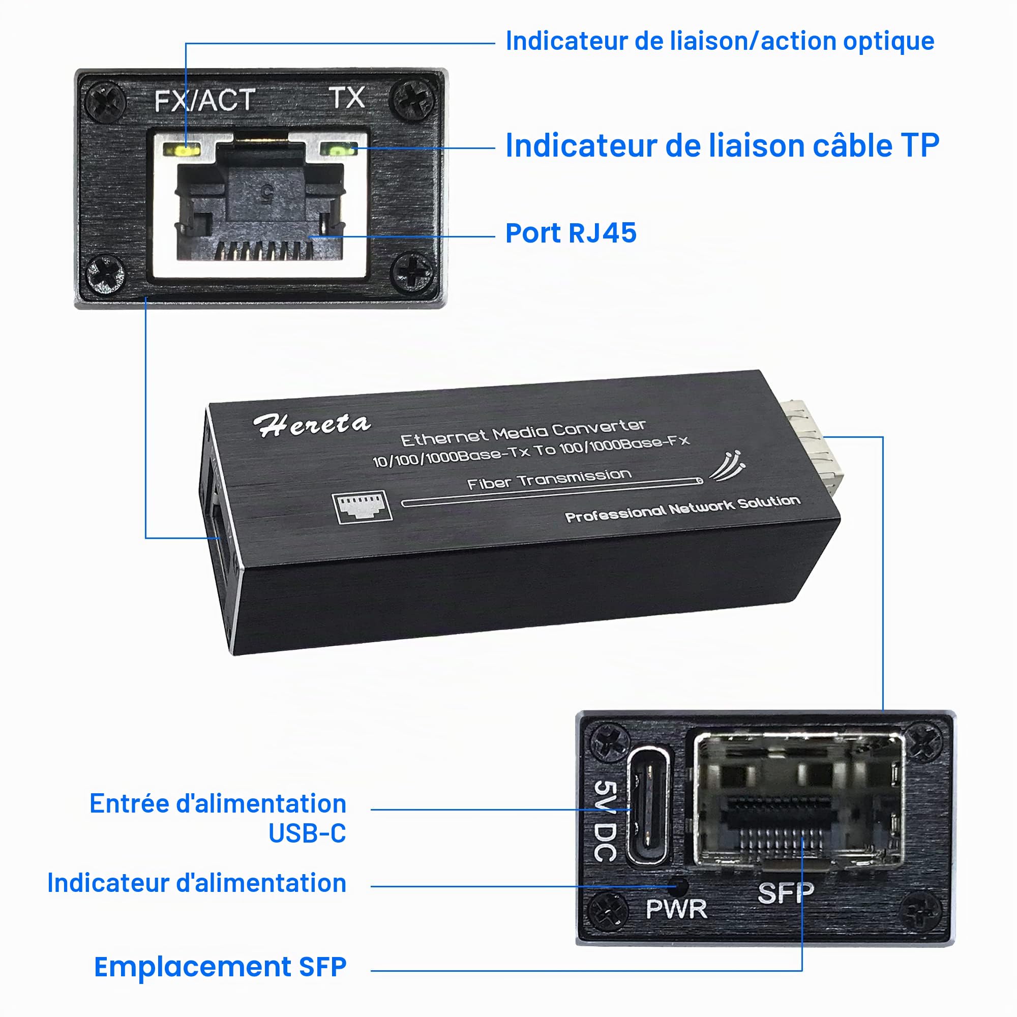Convertisseur de média Gigabit Ethernet, Convertisseur de média à Fibre Optique avec 1,25G Monomode LC Double Fibre SFP Module, 10/100/1000M RJ45 à 1000Base-SX SFP, 1310nm, 20km