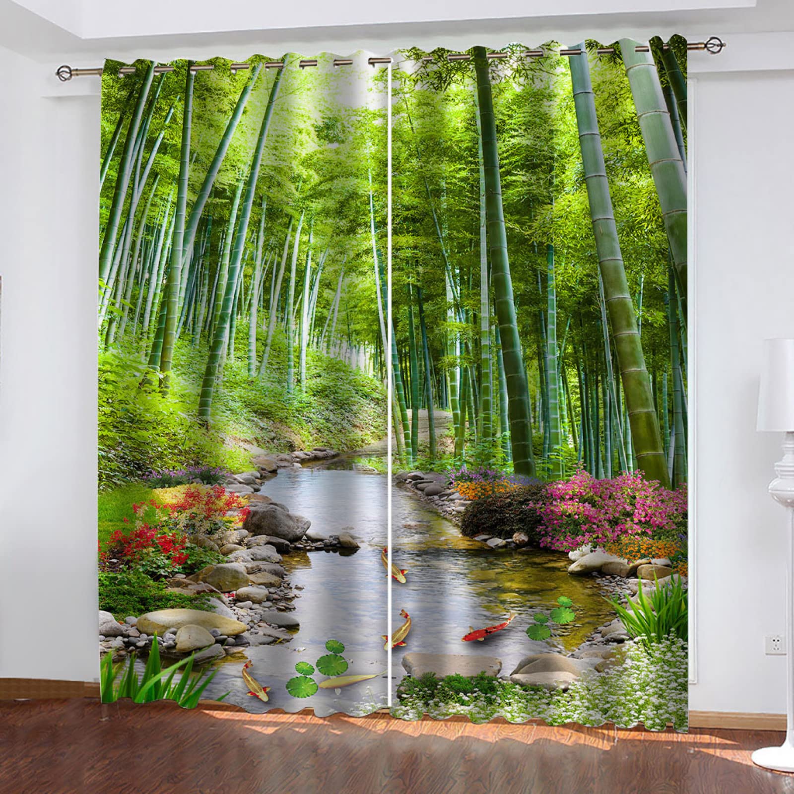 Amazon｜カーテン 小窓カーテン 竹林と川 2 x 幅100 x 丈110cm 2枚組