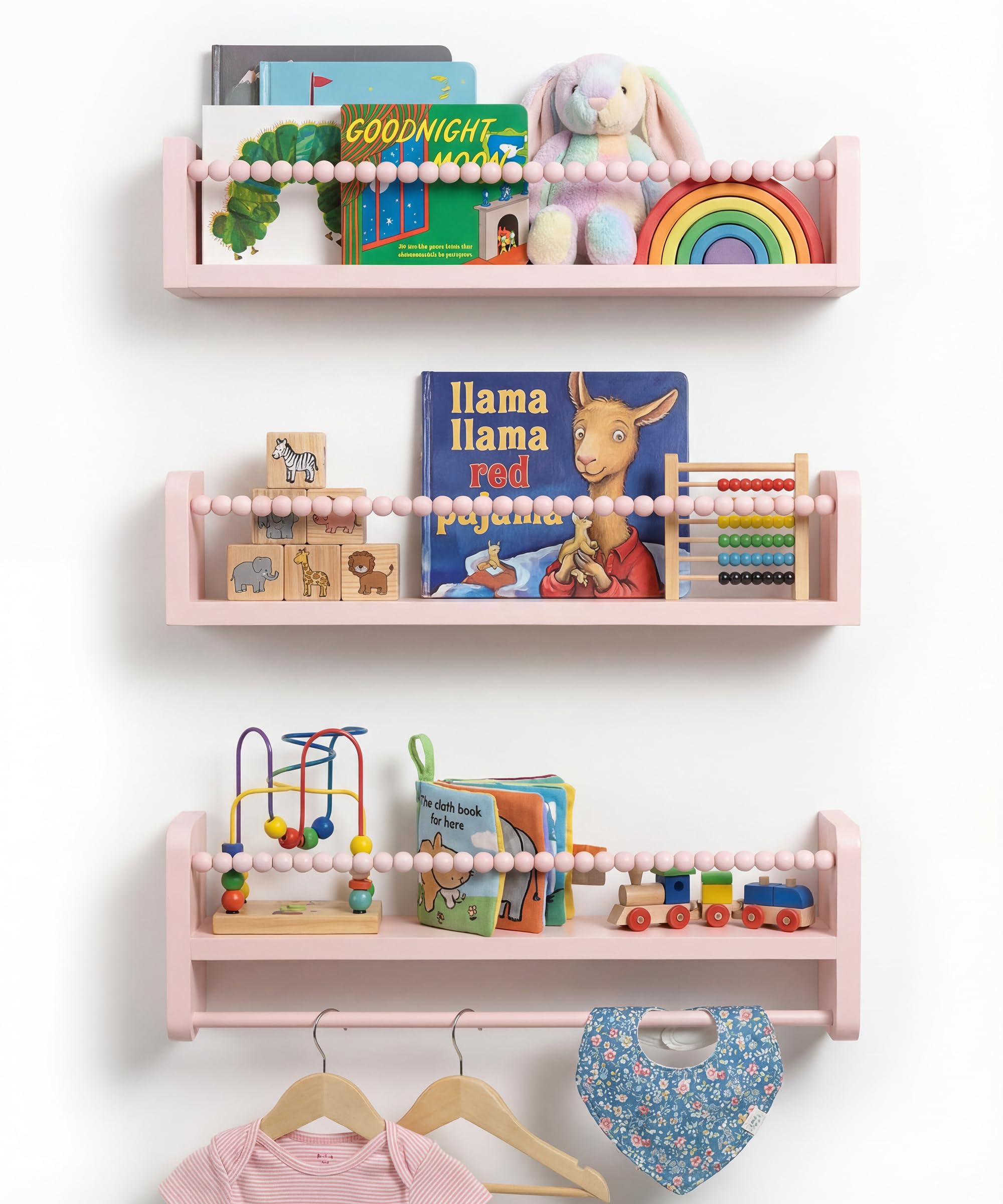 Maxpeuvon Lot de 3 étagères murales flottantes pour Chambre d'enfant Rose | Chambre d'enfant, chambre à coucher et cuisine en bois naturel avec barre porte-serviettes à suspendre