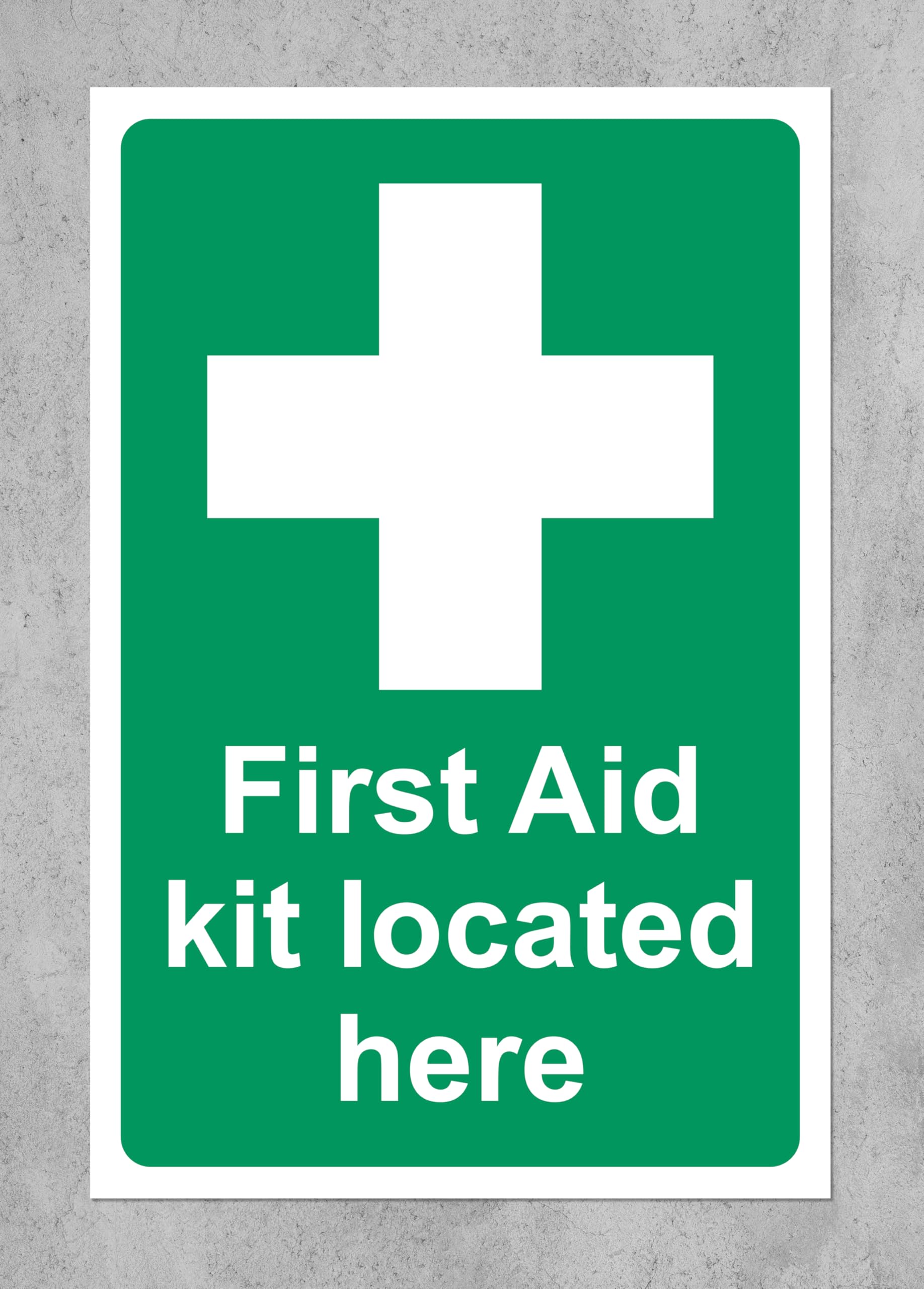 First aid kit located here Safety sign - Self adhesive sticker (200mm x 150mm)
