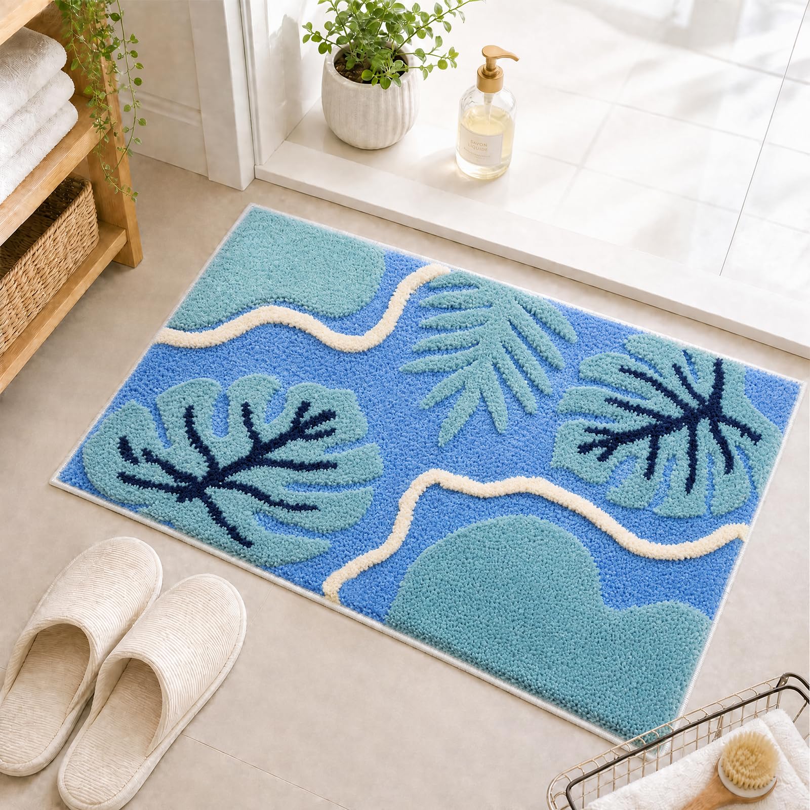 BLESWIN Leaf Bath Mat 40 x 60 cm, Ultra Soft Quick Drying Microfiber Absorbent Bath Rug, Non-Slip Washable Bathroom Rugs for Shower Floor Bathtub Bedroom, Blue