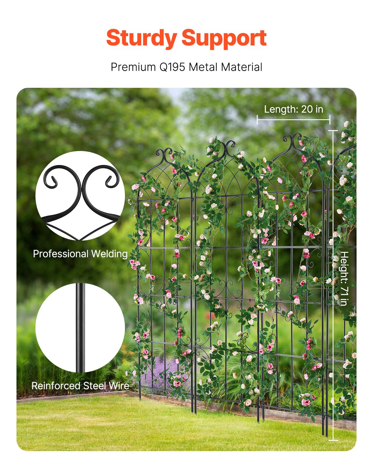 VEVOR Traliccio da Giardino Rampicanti per Piante Fiori in Metallo Antiruggine, Supporto per Traliccio per Rose Rampicanti Esterno, Traliccio Decorativo per Clematide Alta Cortili 51 x 180 cm 4 Pezzi