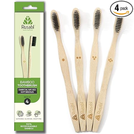 Rusabl Organic Bamboo Toothbrush for Adults,Manual,Charcoal Activated Soft Bristles, Biodegradable & Anti-Bacterial, Eco-friendly & Natural (Pack of 4)