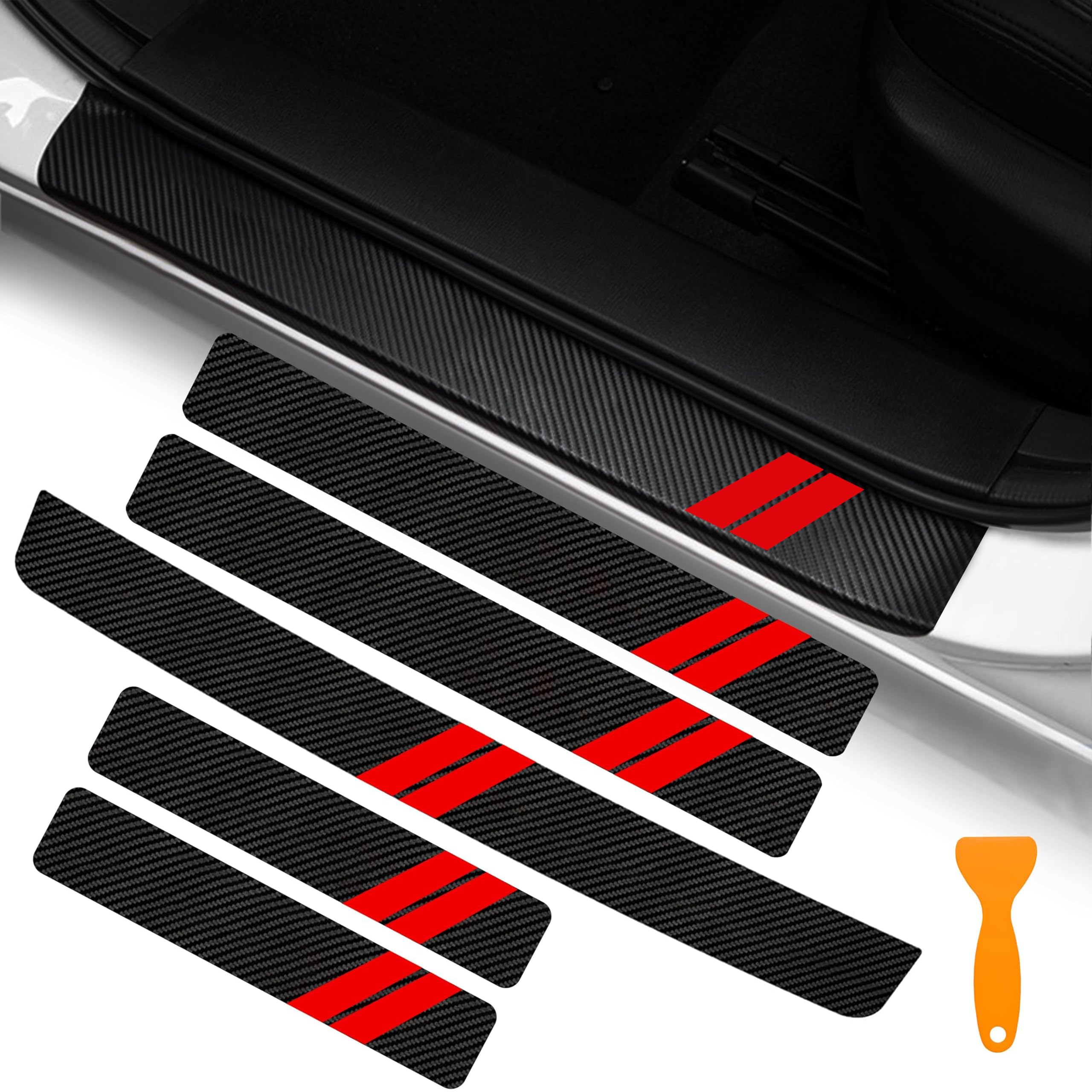 YOSRTER 5PCS Door Sill Guard Decoration Stickers for Dodge Charger Challenger Durango Journey Universal Fit to All Dodge Cars Fiber Leather Door Sill Protector (Red Trim)