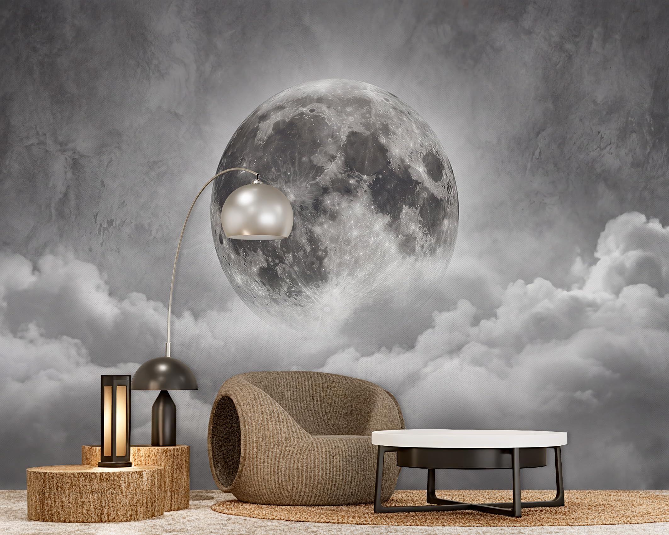 Fototapete 3D Vollmond Wolken Tapete Grau Betonoptik Tapeten Vliestapete Modern Wandtapete Wohnzimmer Schlafzimmer Kinderzimmer Wanddeko Motivtapeten350 x 256 cm (B x H)