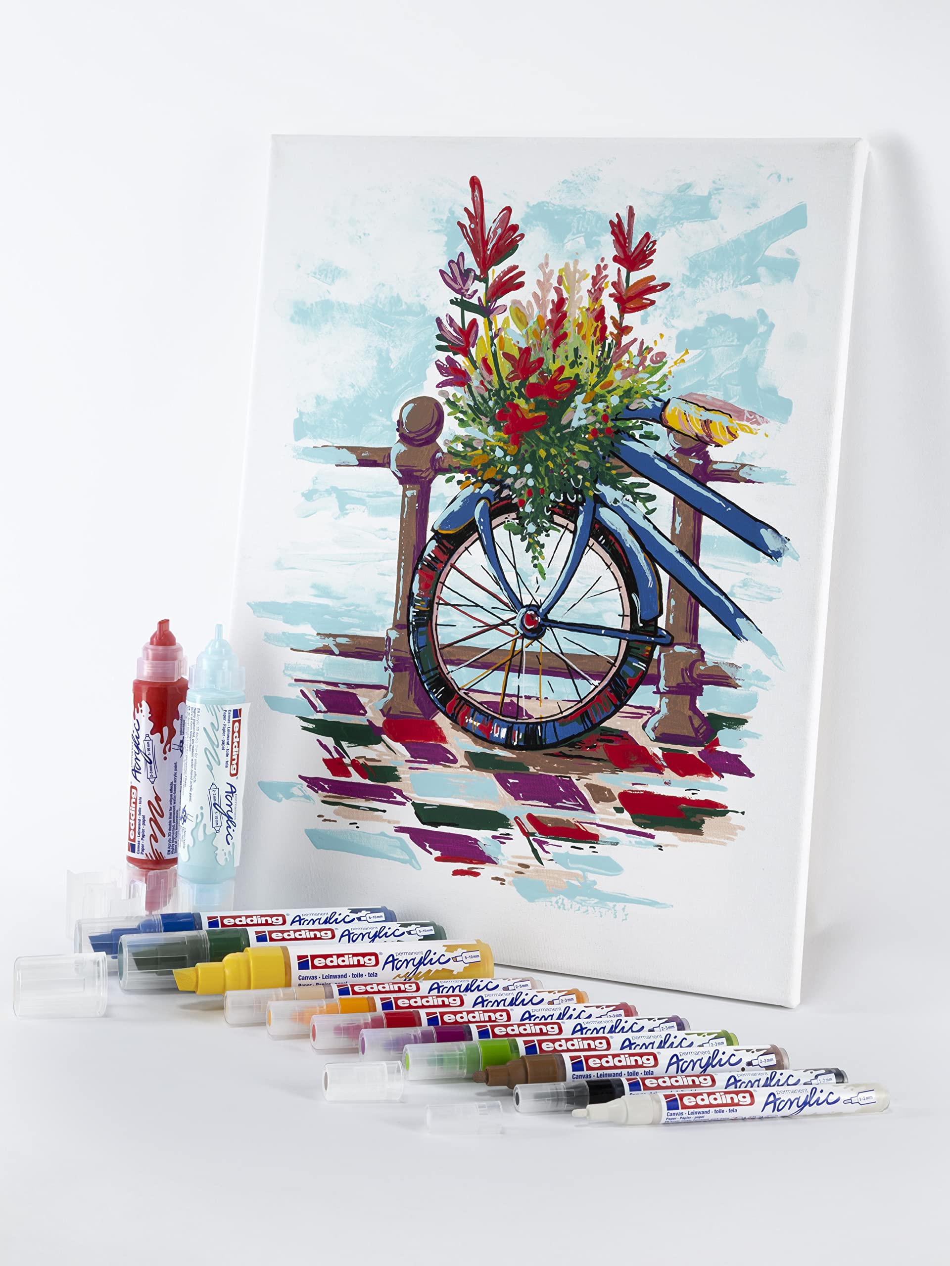 edding Creative Set - Acrylstifte wasserfest fein, medium, breit und 1x Acryltube, inkl. Malblock - 12 Acrylfarben Set (basic) - Acryl Farben zum Malen auf Leinwand oder Holz - Acrylstifte für Steine