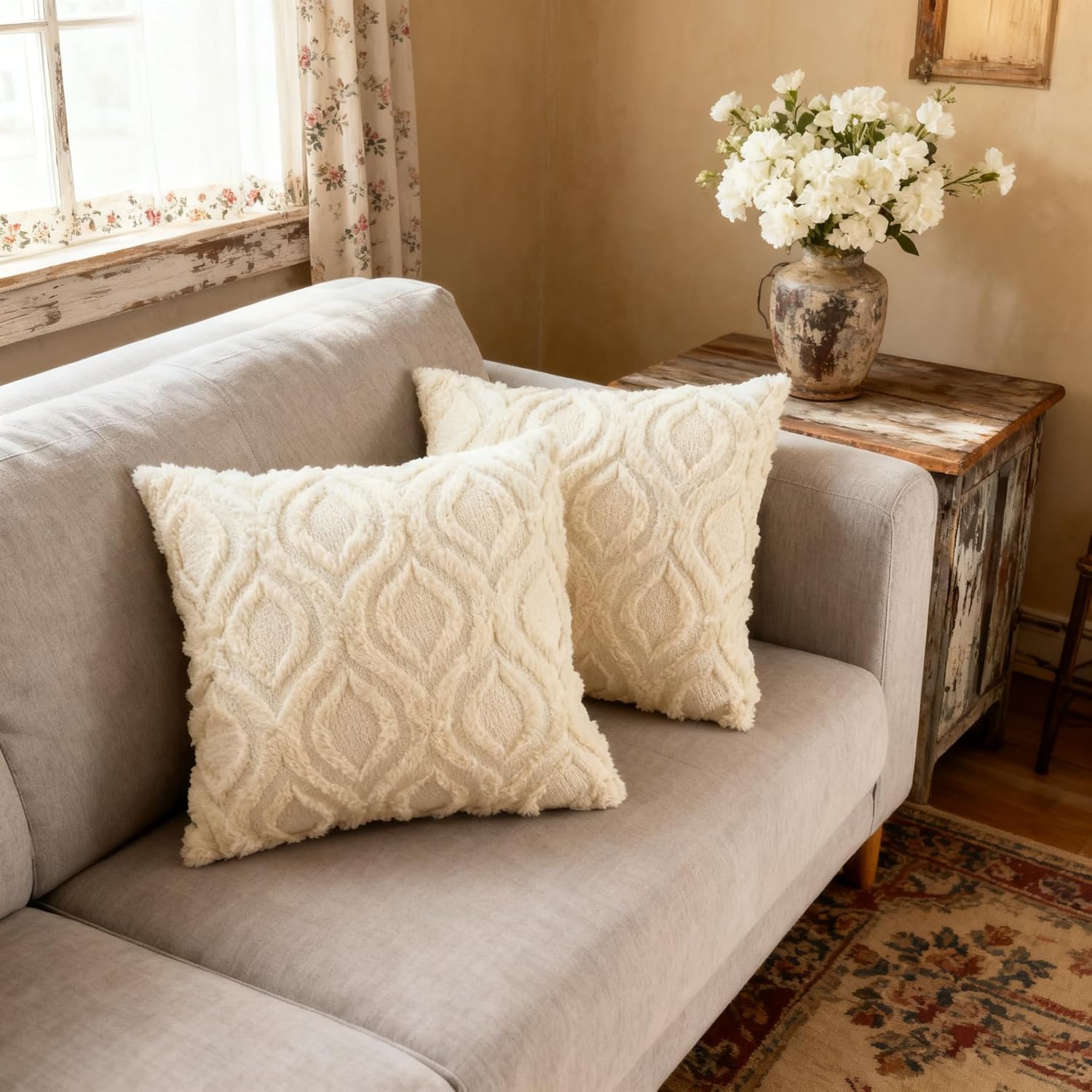 Pack of 2 Decorative Throw Pillow Covers 18x18, Soft Plush Faux Fur Wool Couch Cushion Pillow Covers Cozy Boho Farmhouse Neutral Square Pillow Case for Living Room Sofa Bed Home Decor Car, Beige - Image 7