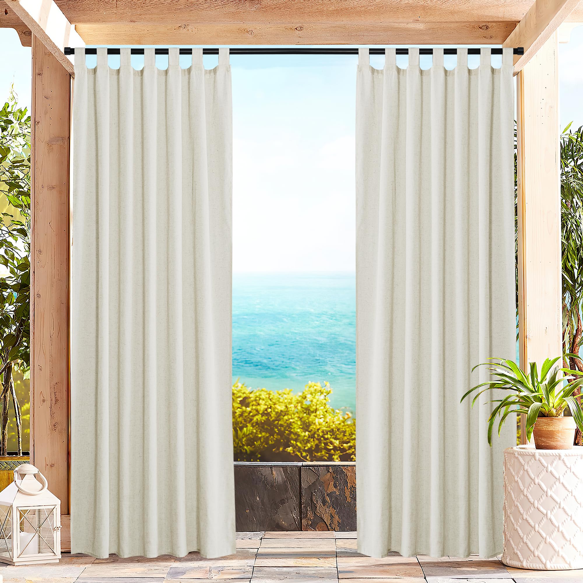 PONY DANCE Rideau Extérieur Lin - Rideau Voilage à Pattes Romantique Décoration pour Patio Jardin Interieurs ou Exterieurs, Draperies Transparent, L 140 x H 243 cm, Lot de 2, Beige
