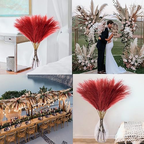 Miniatura 6 de Decoración de hierba de pampa sintética de 38 pulgadas, verde y rojo, césped artificial de pampas, pequeño arreglo floral de pompas esponjosas