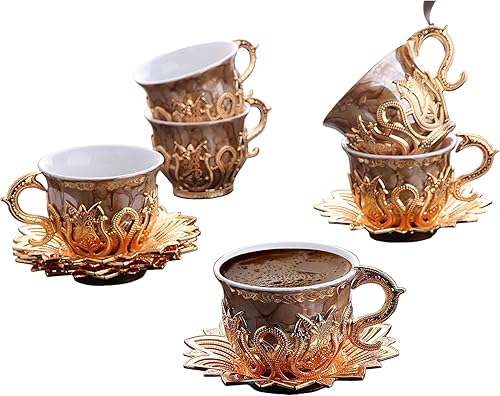 LaModaHome Juego de 6 tazas de café expreso turco otomano con platillos y soportes, diseño de mármol marrón, porcelana árabe, griega, mini taza de