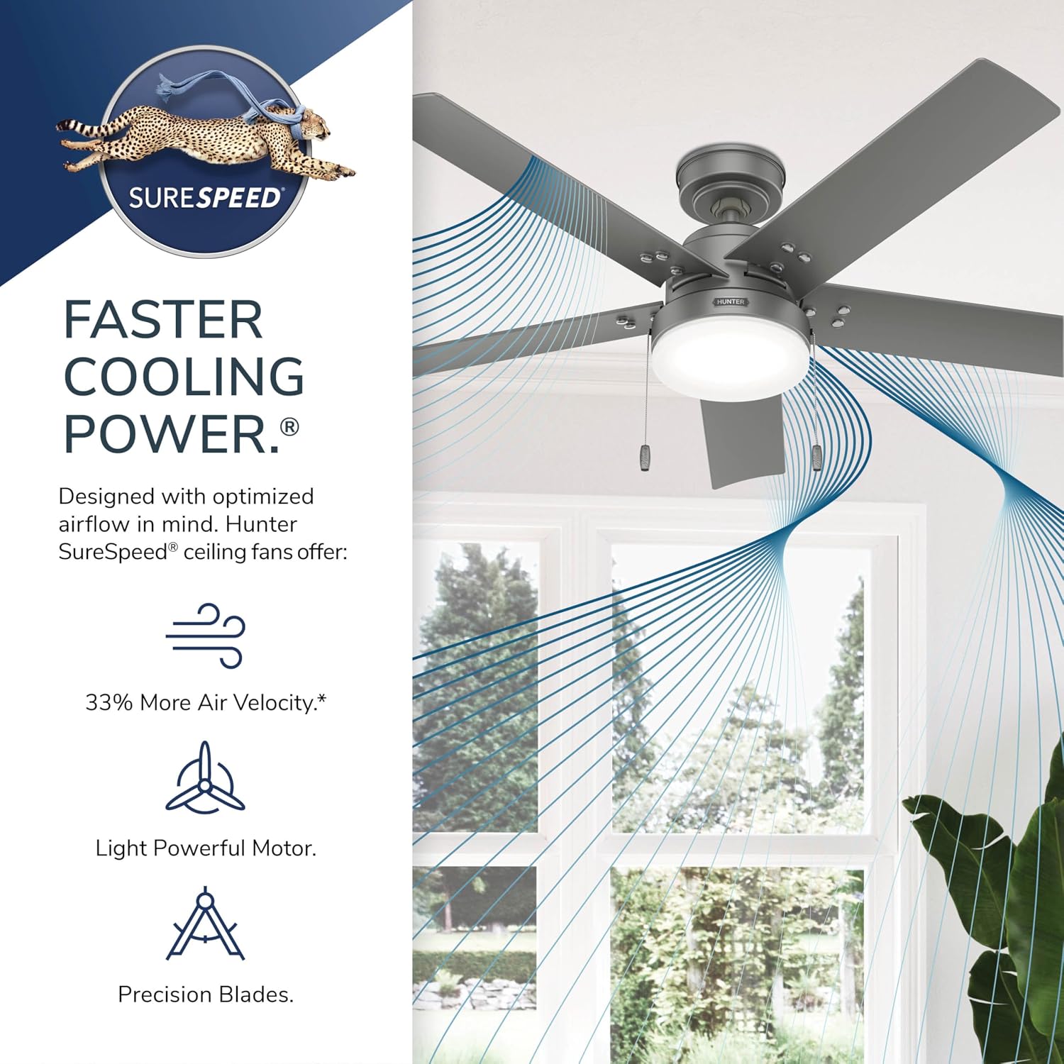 Hunter 52 inch Outdoor or Indoor Ceiling Fan with LED Light and Pull Chain - Standard Mount Ceiling Fan, 5 Blades, for Patio, Porch, Garage, or Living Room - Sea Point 51682, Matte Silver