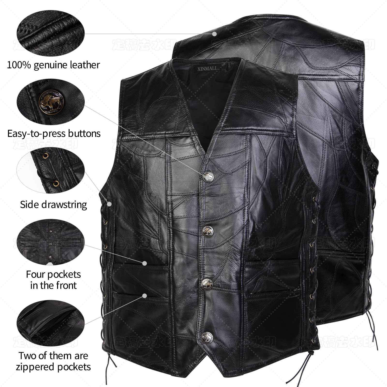 XINMALL Motorcycle Genuine Leather Biker Vest for Men Club Style Classic Black (as1, alpha, jaspo_l, Large)