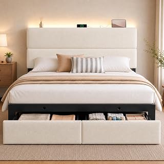 Queen Bed Frame with 2 Storage Drawers, Light Beige Velvet Upholstered