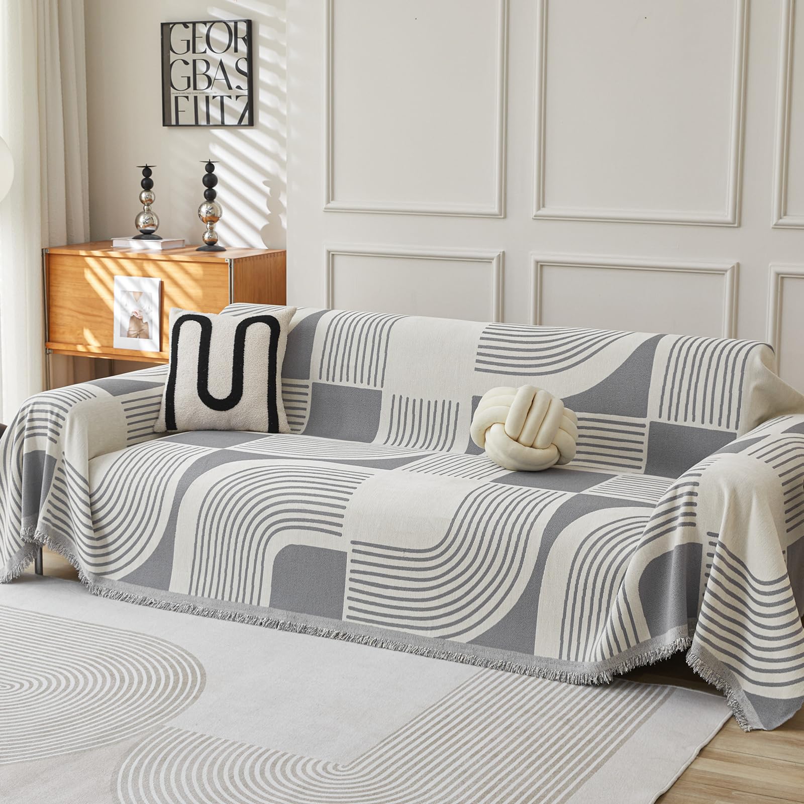WEYOND Boho Chenille Sofa Überzug & Couch Überwurf, Sofa Cover & Sofa Überwurfdecke, Sofaschoner Hund & Sofaschutz Katze, Sofabezug oder Sofahusse für 1/2/3/4 Sitzer (180 x 380 cm, Grau)