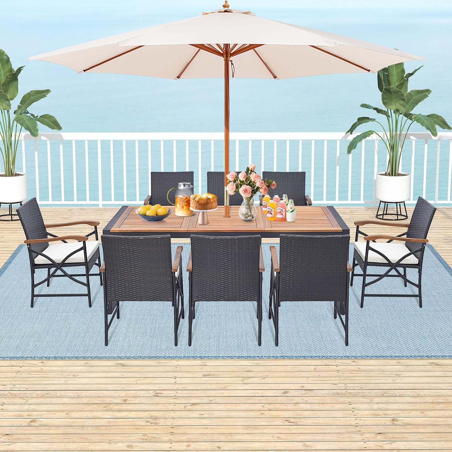 Tangkula 9 Pieces Patio Rattan Dining Set with Acacia Wood Table, Outdoor Table and Chairs Set with Cushions and 1.9” Umbrella Hole, Outdoor Dining Furniture Set for Backyard, Garden and Poolside
