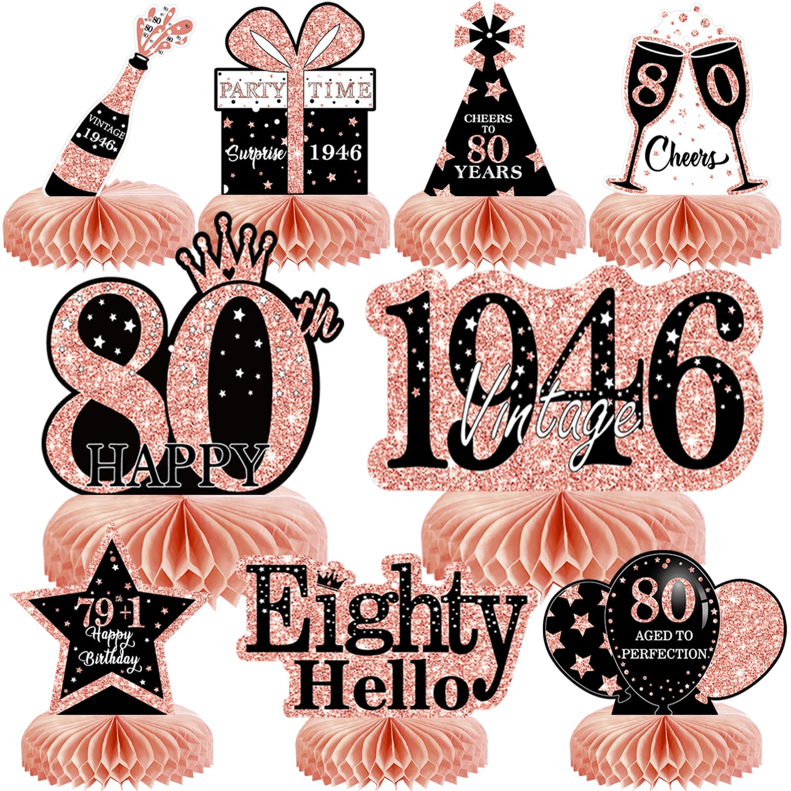 9Pcs 80th Birthday Decorations Honeycomb Centerpieces for Women, Rose Gold Happy 80th Birthday Centerpieces Tables Toppers Party Decorations Supplies, Vintage 1946 Aged Table Sign Decor