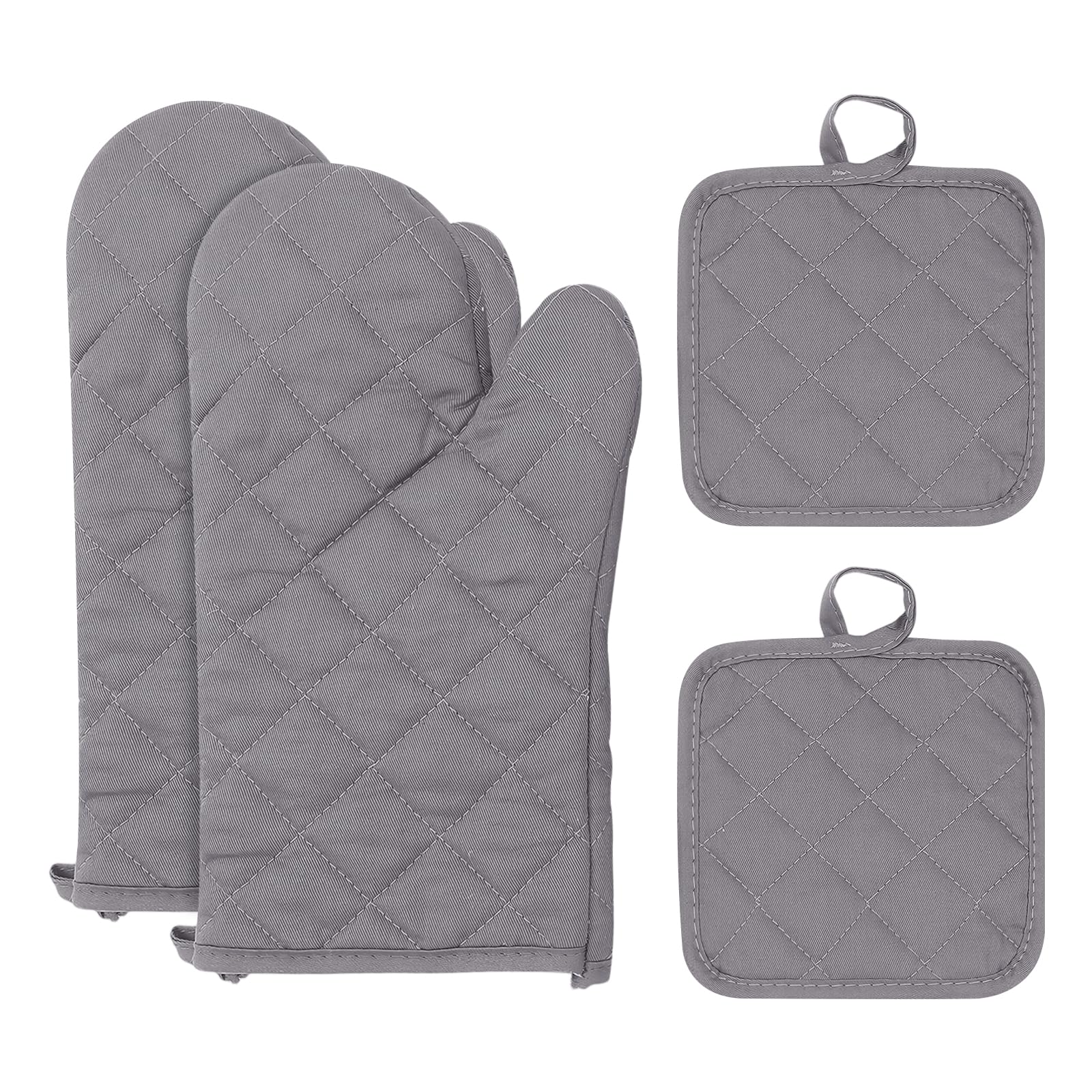4Pcs Oven Mitts and Pot Holders Sets, Cotton Extra Long Oven Mitts and Hot Pads Sets, Heat Resistant Oven Gloves with Hot Pads for Cooking Grilling Kitchen Baking Grill BBQ Microwave (Gray)
