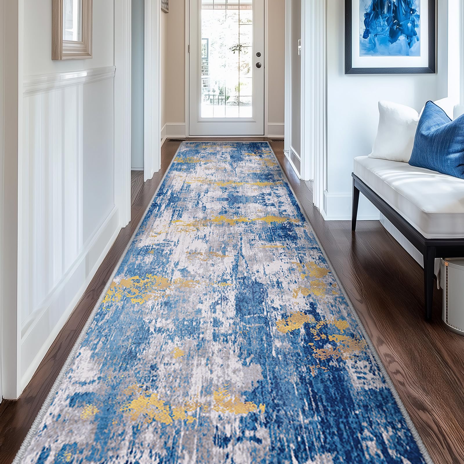 Washable Area Rugs 2'x10' Non-Slip Modern Abstract Soft for Living Room Entryway Bedroom Nursery, Print Pattern, Grey Blue Gold/Golden