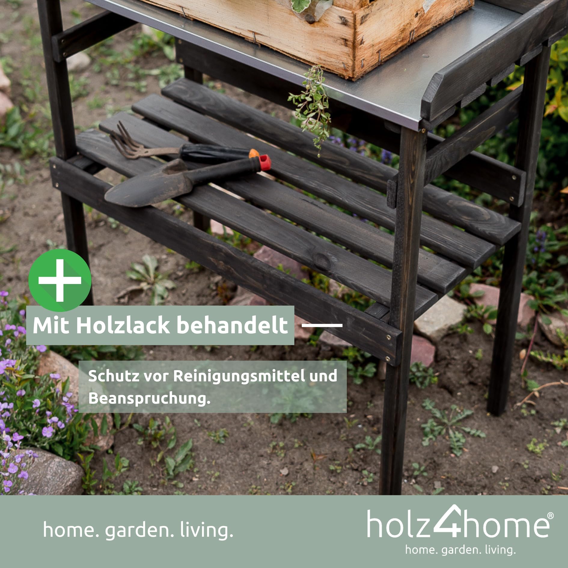 holz4home® Pflanztisch aus Holz mit Zinkplatte I Schwarz mit 2 Ablagen I Gartentisch aus Fichtenholz für Gartenarbeit Innen- & Außen I 78x82x38 cm I Tisch für Gewächshaus Pflanzen Blumentopf umtopfen