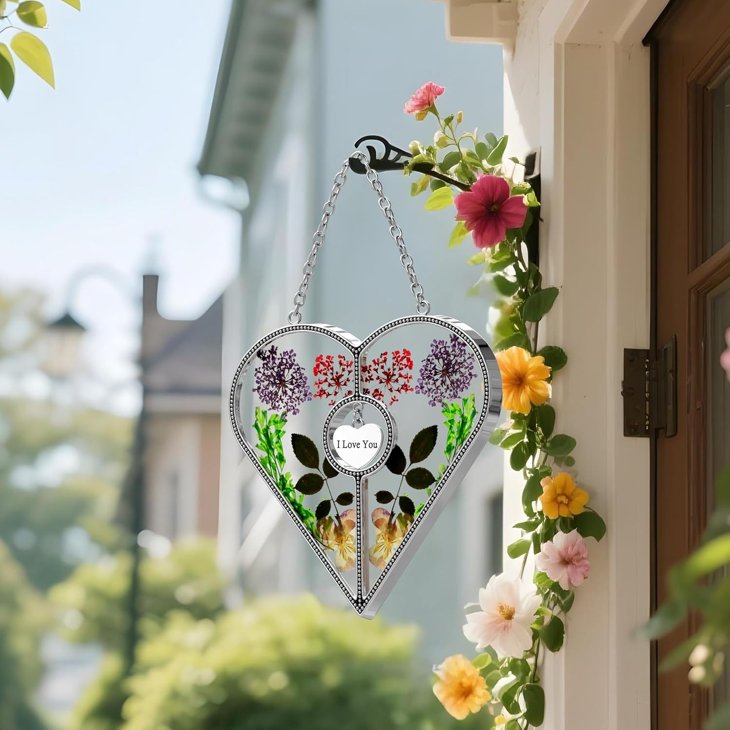 KY&BOSAM I Love You Heart Suncatcher Mom Gifts Stained Glass Panels Suncatcher for Windows Hangings Wind Chime with Pressed Flower and Metal Heart Charm Gifts for Mom Mothers Day Wedding Party Decor