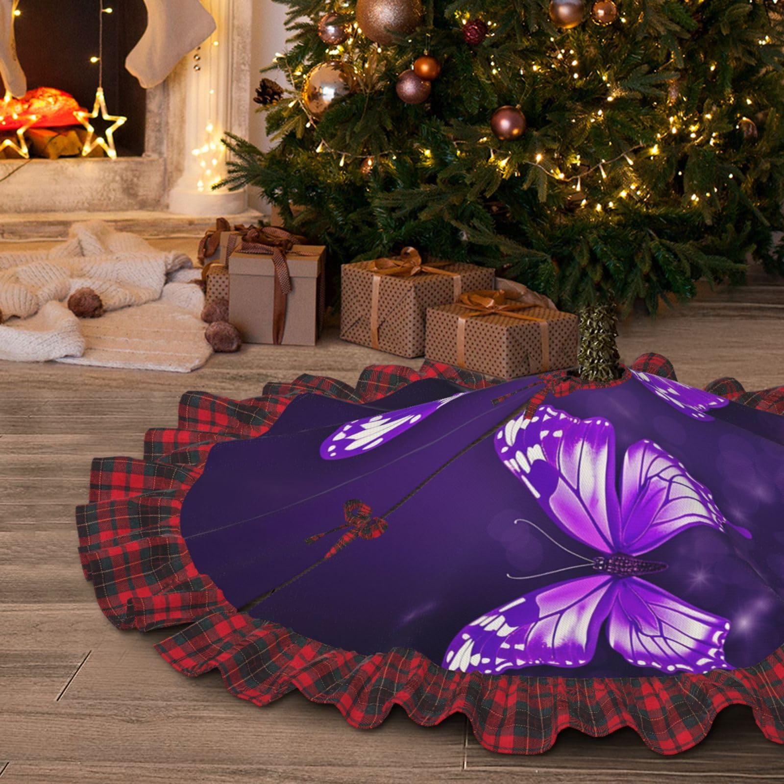 Jupe de sapin de Noël pour cacher le pied d'arbre tapis papillons violets