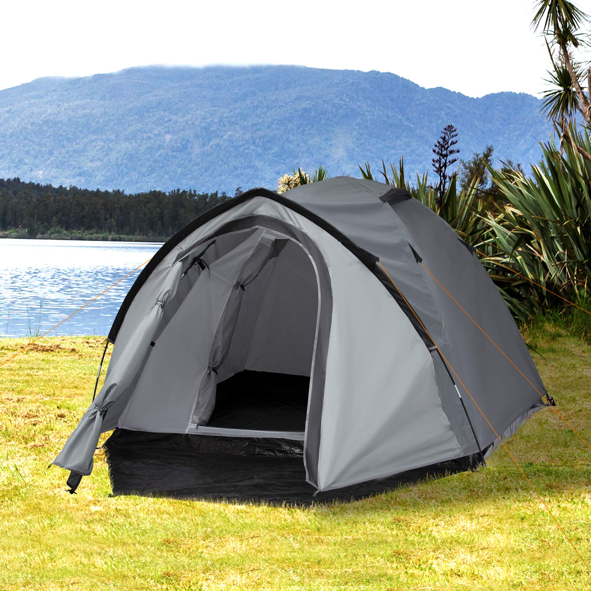 Outsunny Tenda da Campeggio 2 Posti Impermeabile con Vestibolo, Finestre e Porte con Cerniera, 325x183x130cm Grigio