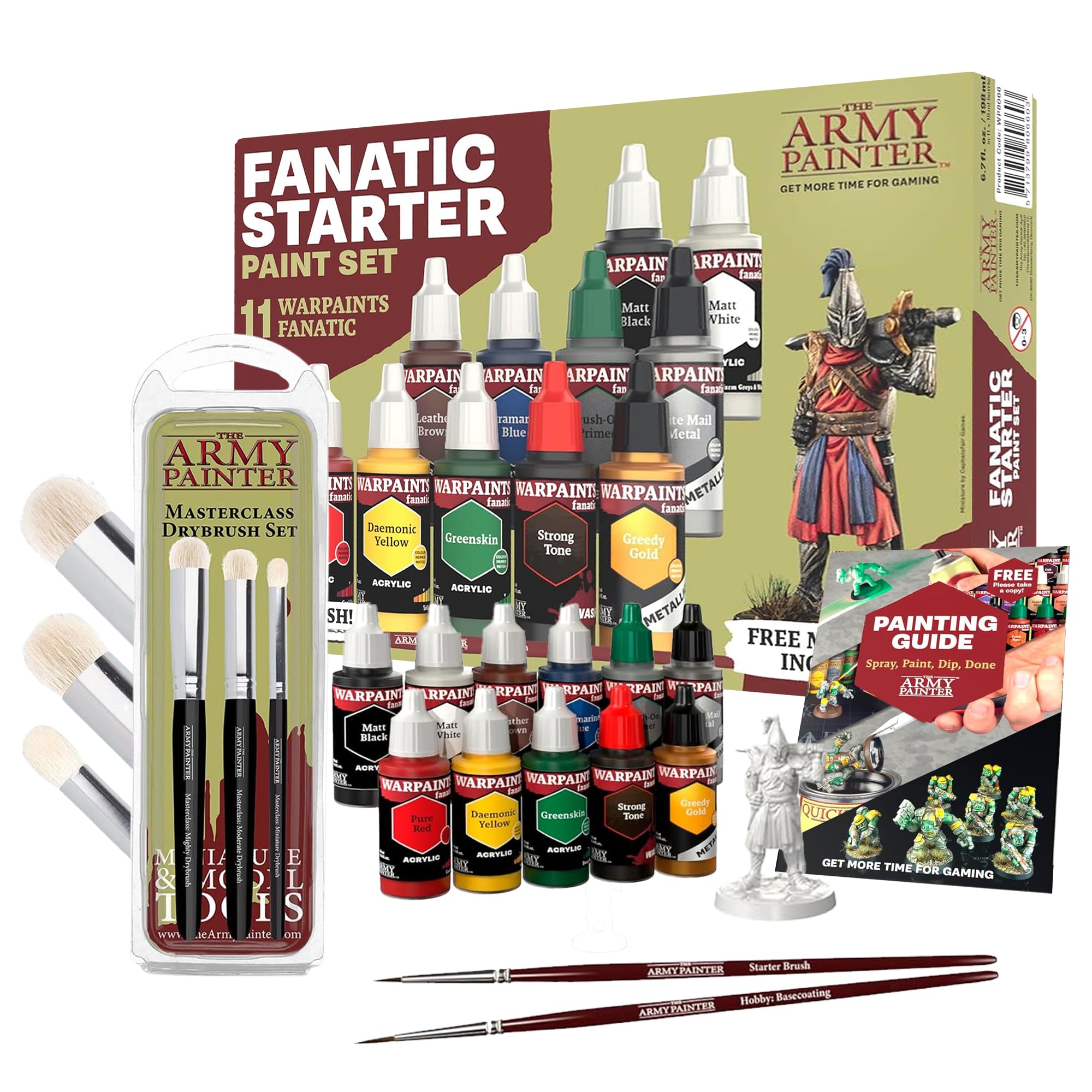 The Army Painter Masterclass Drybrush Set and Warpaints Fanatic Starter Set Combo, Hobby Detail Paint Brush Set & 11 Paints with 1 Miniature figure and Starter Brush - Acrylic Paint Brushes in 3 Sizes