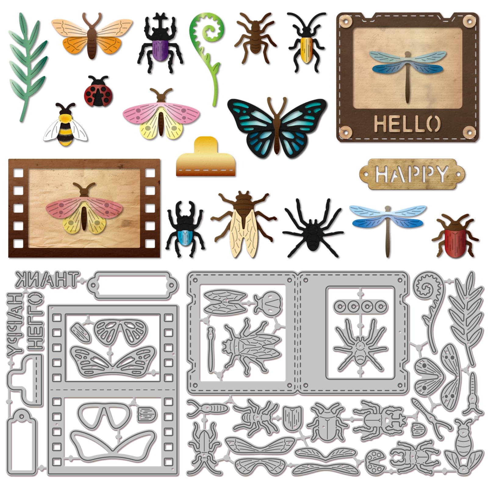 GLOBLELAND Insect Slides Film Cutting Dies for Card Making Fern Leaves Metal Die Cuts Butterfly Ladybug Cutting Dies Templates for Scrapbooking Journal Embossing Paper Craft Decor