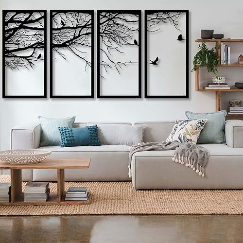 Arte de pared de metal, 4 paneles de decoración del árbol de la vida, decoración de árbol de metal, colgantes de pared de metal, letrero de árbol,