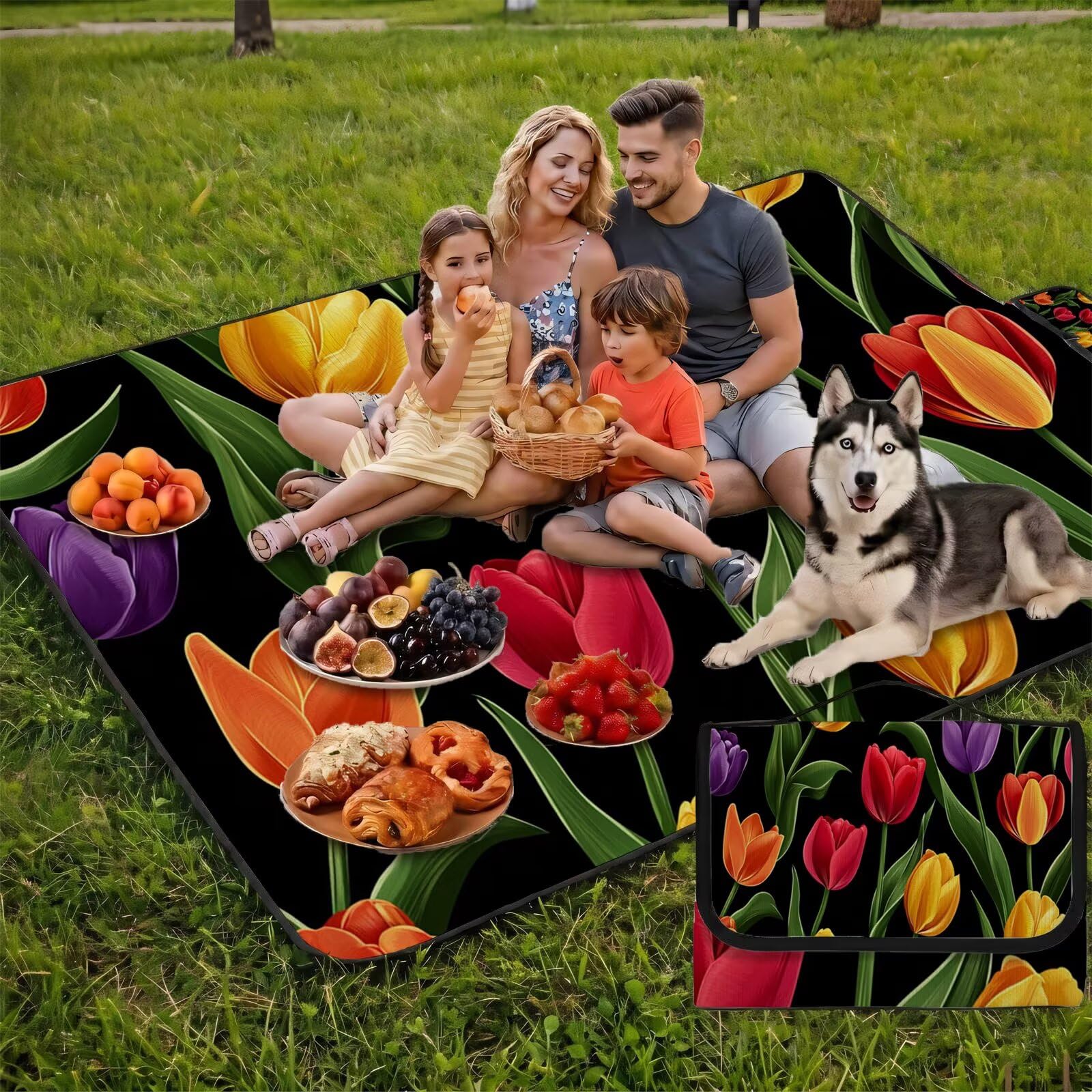 Couverture de Pique-Nique Grande 200x300cm,Outdoor Couverture Imperméable,Pliable Tapis de Plage Dos en PVC Anti-Sable,Picnic Blanket pour Camping Accessoires,Jardin,Parc,Famille - Tulipe jaune UZ-753