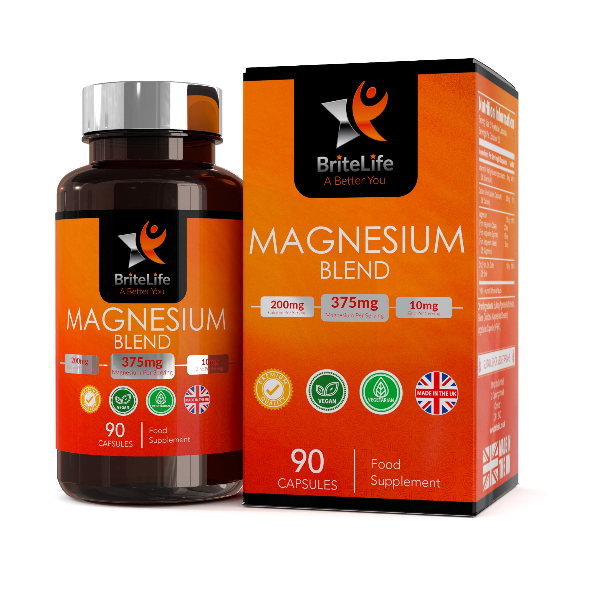 BL Magnesium Malate, Glycinate & Citrate Triple Complex | 90 Magnesium Capsules - 375mg Citrate, Malate & Glycinate with Zinc, Calcium & Vitamin B6 | Non-GMO, Dairy & Gluten Free