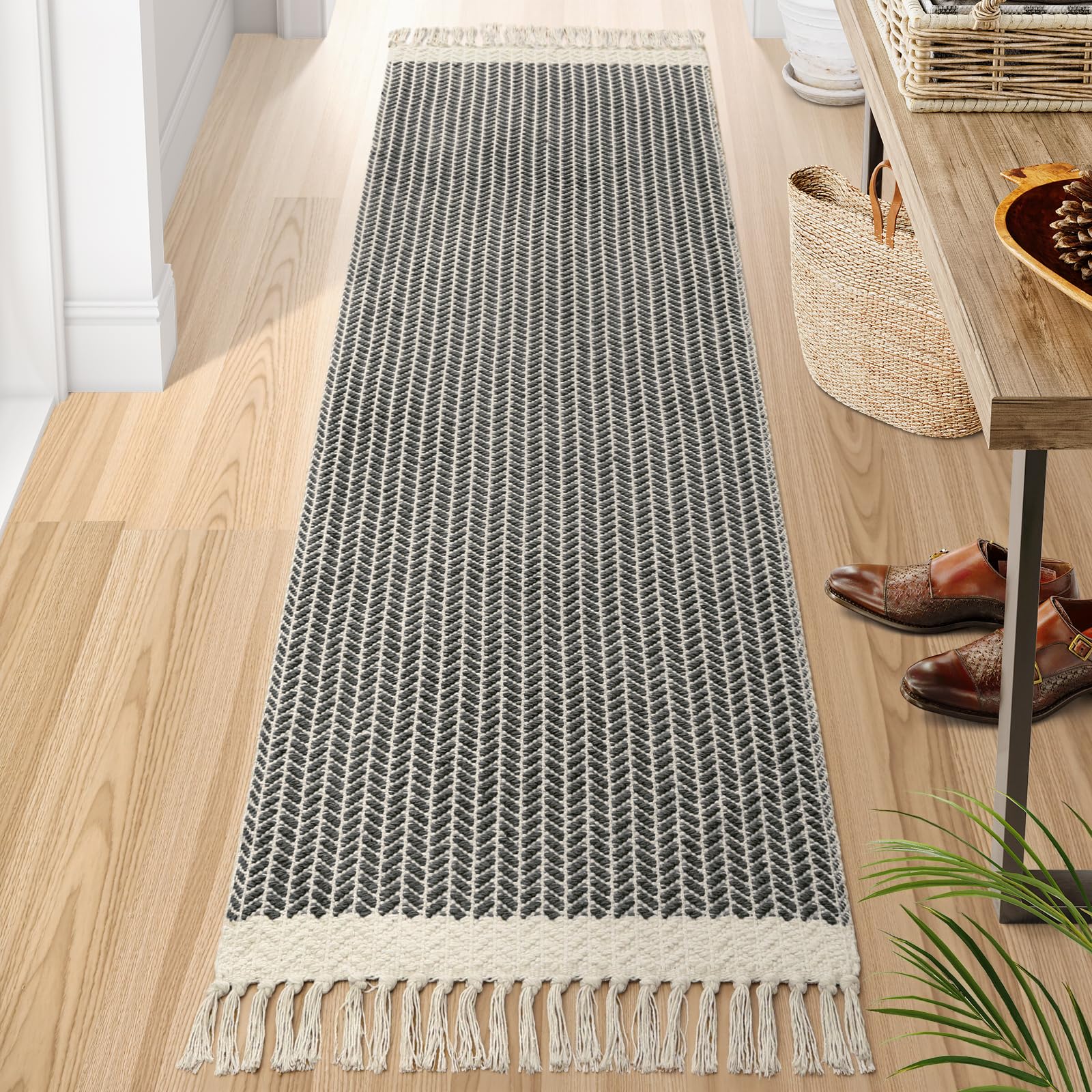 Lahome Belle Boho Hallway Runner Rug, 2x7 Kitchen Runners Rug Washable Bath Rugs for Bathroom Woven Cotton with Tassels, Farmhouse Carpet Non Shedding