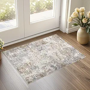 2x3 Entryway Area Rug: Washable Neutral Modern Abstract Small Rug - Non-Slip Low Pile Throw Indoor Carpet for Entrance Kitchen Front Door Mat Bathroom Entry Kids Room - Brown Grey