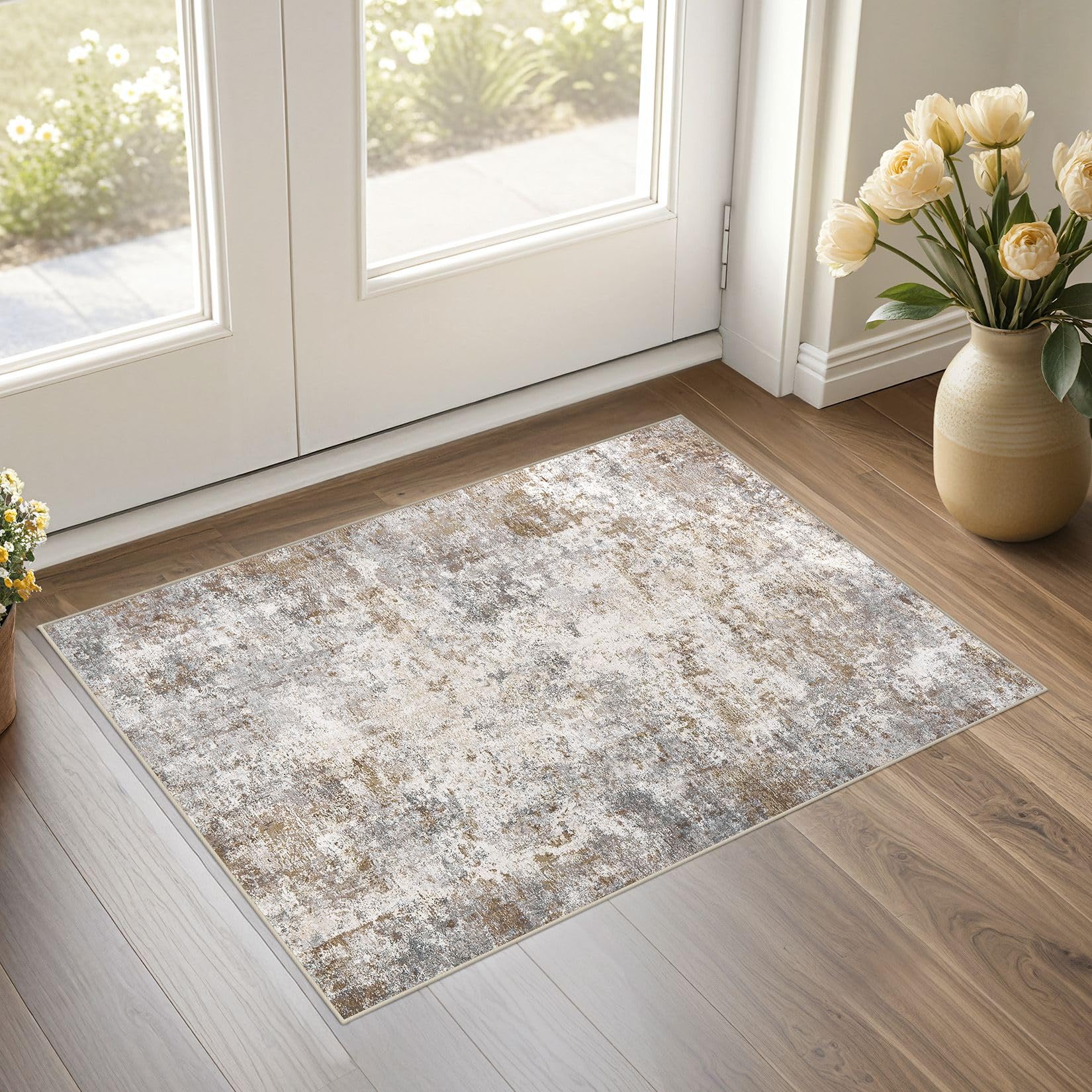 UERMEI 2x3 Entryway Area Rug: Washable Neutral Modern Abstract
